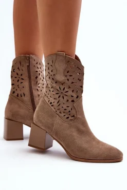 New Zamszowe Botki Z Ażurową Cholewką Na Klocku Ciemnobeżowe Irvelame Damskie Botki Wiosenne|Botki Ażurowe