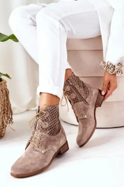 Online Zamszowe Botki Z Ażurowym Wzorem Cappuccino Josie Damskie Botki Wiosenne|Botki Sznurowane