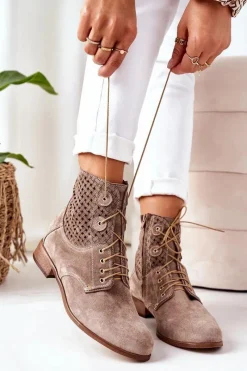 Online Zamszowe Botki Z Ażurowym Wzorem Cappuccino Josie Damskie Botki Wiosenne|Botki Sznurowane