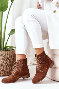 Botki Wiosenne|Botki Sznurowane>Boto Zamszowe Botki Z Ażurowym Wzorem Brązowe Josie