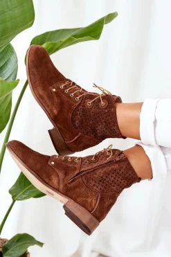 Botki Wiosenne|Botki Sznurowane>Boto Zamszowe Botki Z Ażurowym Wzorem Brązowe Josie