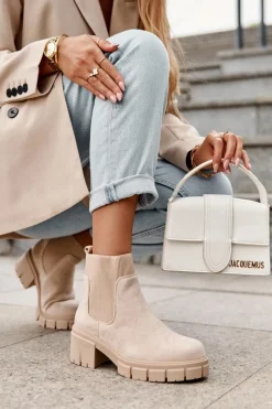 Zamszowe Botki Z Elastyczną Wstawką Beżowe Anyfer Damskie Botki Wiosenne|Brązowe I Beżowe Botki