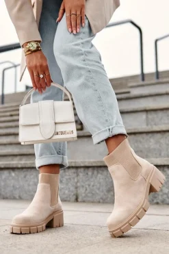 Zamszowe Botki Z Elastyczną Wstawką Beżowe Anyfer Damskie Botki Wiosenne|Brązowe I Beżowe Botki