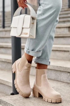 Zamszowe Botki Z Elastyczną Wstawką Beżowe Anyfer Damskie Botki Wiosenne|Brązowe I Beżowe Botki