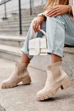 Zamszowe Botki Z Elastyczną Wstawką Beżowe Anyfer Damskie Botki Wiosenne|Brązowe I Beżowe Botki