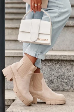 Zamszowe Botki Z Elastyczną Wstawką Beżowe Anyfer Damskie Botki Wiosenne|Brązowe I Beżowe Botki