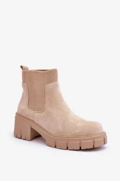 Zamszowe Botki Z Elastyczną Wstawką Beżowe Anyfer Damskie Botki Wiosenne|Brązowe I Beżowe Botki