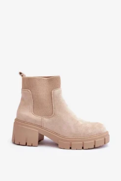 Zamszowe Botki Z Elastyczną Wstawką Beżowe Anyfer Damskie Botki Wiosenne|Brązowe I Beżowe Botki