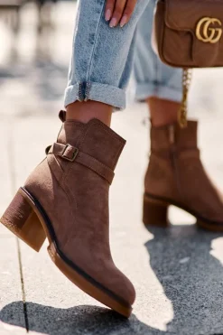 Outlet Zamszowe Botki Z Klamrą Brązowe Neste Damskie Botki Na Słupku|Botki Zimowe Damskie