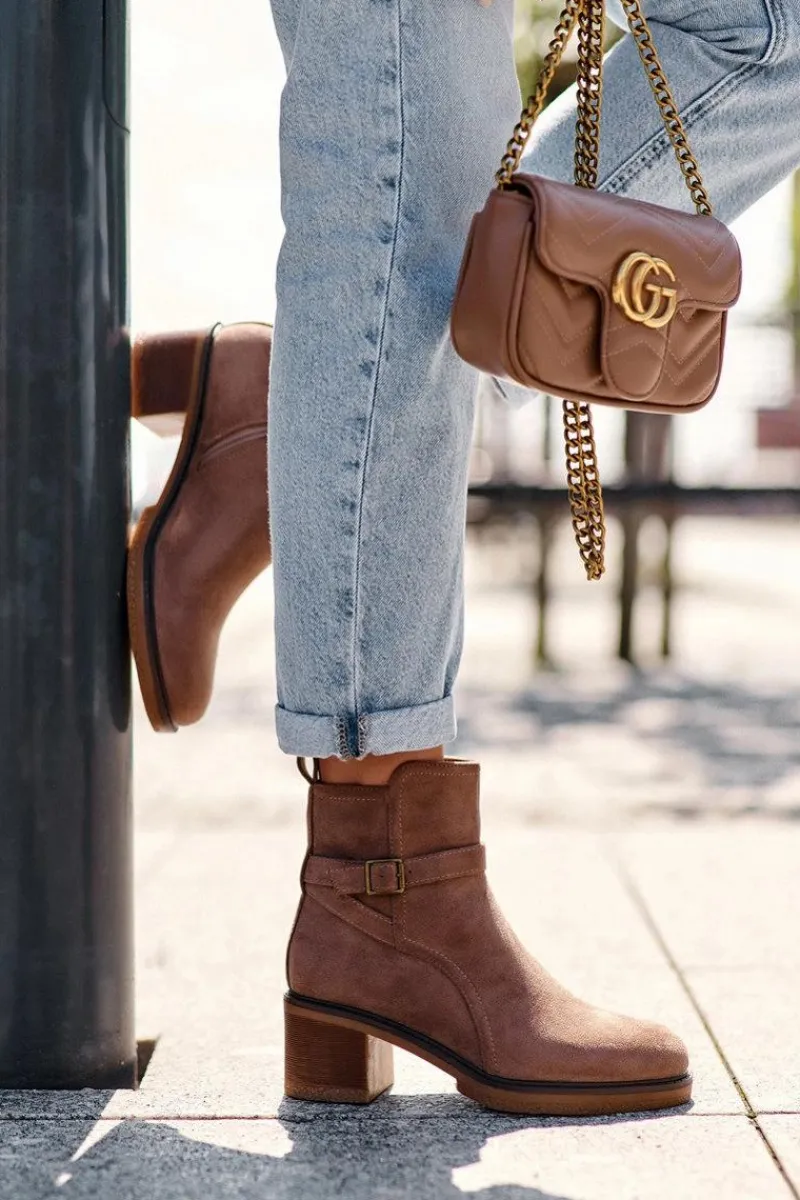 Outlet Zamszowe Botki Z Klamrą Brązowe Neste Damskie Botki Na Słupku|Botki Zimowe Damskie