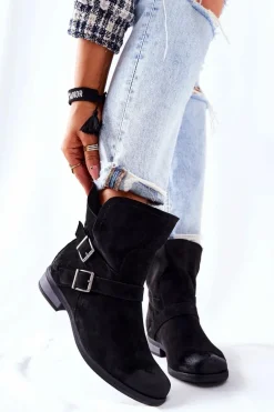 Czarne Botki|Brązowe I Beżowe Botki>Boto Zamszowe Botki Z Klamrami Czarne Renisse