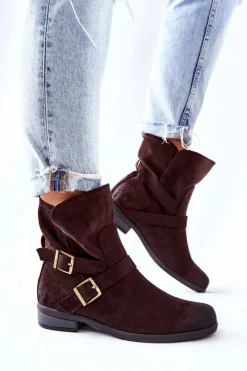 New Boto Zamszowe Botki Z Klamrami Brązowe Renisse