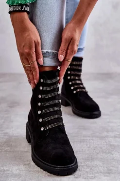 Czarne Botki|Botki Zimowe Damskie>Boto Zamszowe Botki Z Ozdobnymi Paskami Czarne Malesia