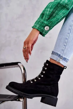 Czarne Botki|Botki Zimowe Damskie>Boto Zamszowe Botki Z Ozdobnymi Paskami Czarne Malesia