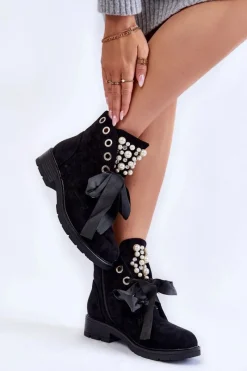 Sale Zamszowe Botki Z Perełkami I Wstążką Czarne Perla Damskie Botki Sznurowane|Czarne Botki