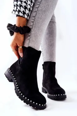 Czarne Botki|Botki Zimowe Damskie>Boto Zamszowe Botki Z Perełkami Czarne Venie