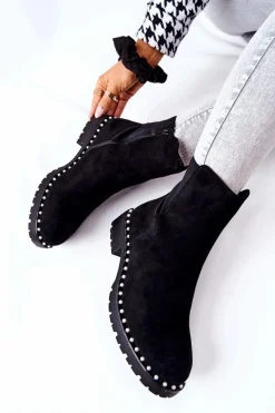 Czarne Botki|Botki Zimowe Damskie>Boto Zamszowe Botki Z Perełkami Czarne Venie