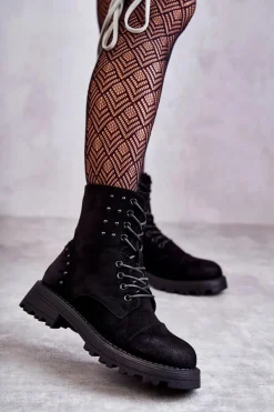 Clearance Zamszowe Botki Z Ćwiekami Czarne Palmira Damskie Botki Ocieplane|Botki Sznurowane