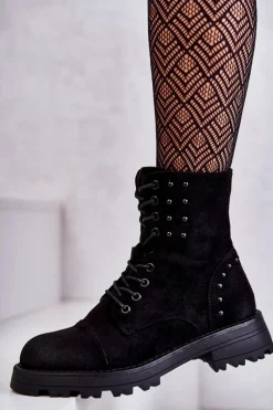 Clearance Zamszowe Botki Z Ćwiekami Czarne Palmira Damskie Botki Ocieplane|Botki Sznurowane