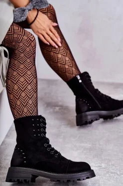 Clearance Zamszowe Botki Z Ćwiekami Czarne Palmira Damskie Botki Ocieplane|Botki Sznurowane