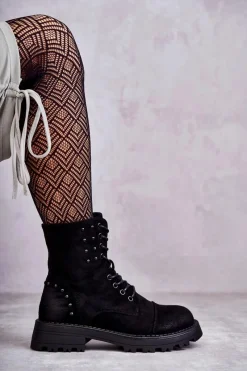 Clearance Zamszowe Botki Z Ćwiekami Czarne Palmira Damskie Botki Ocieplane|Botki Sznurowane