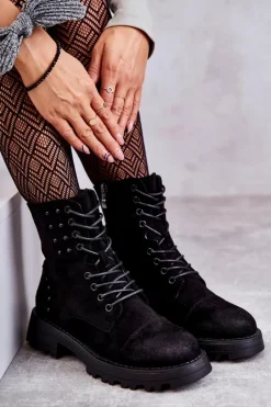Clearance Zamszowe Botki Z Ćwiekami Czarne Palmira Damskie Botki Ocieplane|Botki Sznurowane