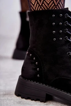 Clearance Zamszowe Botki Z Ćwiekami Czarne Palmira Damskie Botki Ocieplane|Botki Sznurowane
