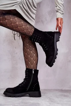 Clearance Zamszowe Botki Z Ćwiekami Czarne Palmira Damskie Botki Ocieplane|Botki Sznurowane