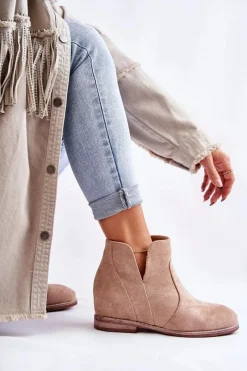 Clearance Zamszowe Botki Z Wycięciami Na Płaskim Obcasie Beżowe Henriette Damskie Brązowe I Beżowe Botki|Botki Płaskie