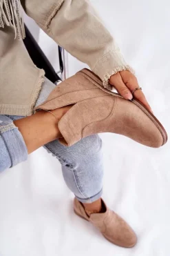 Clearance Zamszowe Botki Z Wycięciami Na Płaskim Obcasie Beżowe Henriette Damskie Brązowe I Beżowe Botki|Botki Płaskie