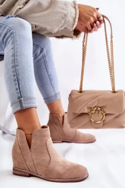 Clearance Zamszowe Botki Z Wycięciami Na Płaskim Obcasie Beżowe Henriette Damskie Brązowe I Beżowe Botki|Botki Płaskie