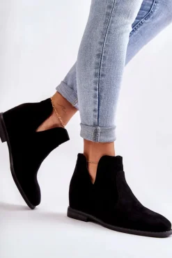 Outlet Damskie buty S.Barski Zamszowe Botki Z Wycięciami Na Płaskim Obcasie Czarne Henriette