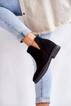 Outlet Damskie buty S.Barski Zamszowe Botki Z Wycięciami Na Płaskim Obcasie Czarne Henriette