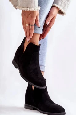 Outlet Damskie buty S.Barski Zamszowe Botki Z Wycięciami Na Płaskim Obcasie Czarne Henriette