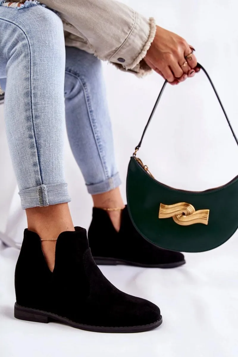 Outlet Damskie buty S.Barski Zamszowe Botki Z Wycięciami Na Płaskim Obcasie Czarne Henriette