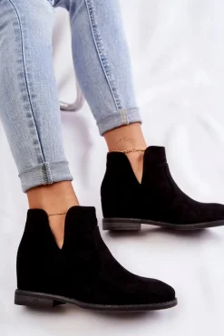 Outlet Damskie buty S.Barski Zamszowe Botki Z Wycięciami Na Płaskim Obcasie Czarne Henriette