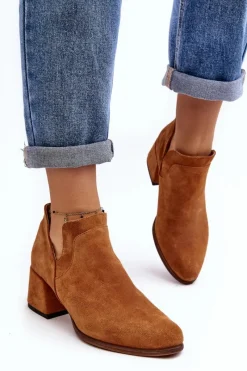 Sale Zamszowe Botki Z Wycięciami Na Obcasie Camel Dalros Damskie Botki Wiosenne|Botki Skórzane