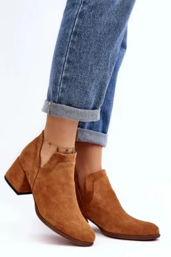 Sale Zamszowe Botki Z Wycięciami Na Obcasie Camel Dalros Damskie Botki Wiosenne|Botki Skórzane