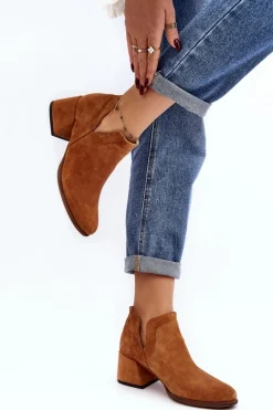 Sale Zamszowe Botki Z Wycięciami Na Obcasie Camel Dalros Damskie Botki Wiosenne|Botki Skórzane