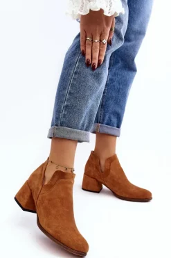 Sale Zamszowe Botki Z Wycięciami Na Obcasie Camel Dalros Damskie Botki Wiosenne|Botki Skórzane