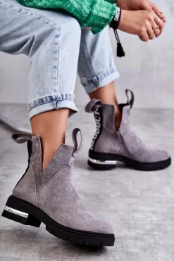 Botki Zimowe Damskie|Botki Płaskie>Boto Zamszowe Botki Z Wycięciami Szare Elvera