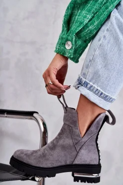 Botki Zimowe Damskie|Botki Płaskie>Boto Zamszowe Botki Z Wycięciami Szare Elvera