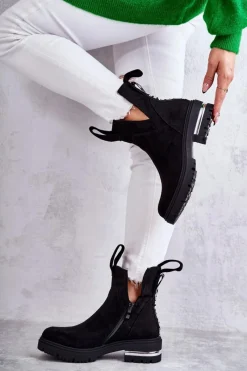 Czarne Botki|Botki Zimowe Damskie>Boto Zamszowe Botki Z Wycięciami Czarne Elvera