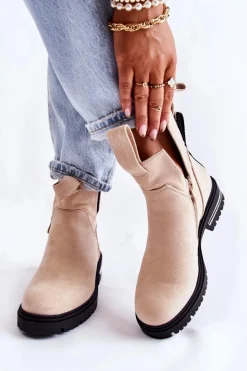 Outlet Zamszowe Botki Z Wycięciami Beżowe Elvera Damskie Botki Zimowe Damskie|Brązowe I Beżowe Botki