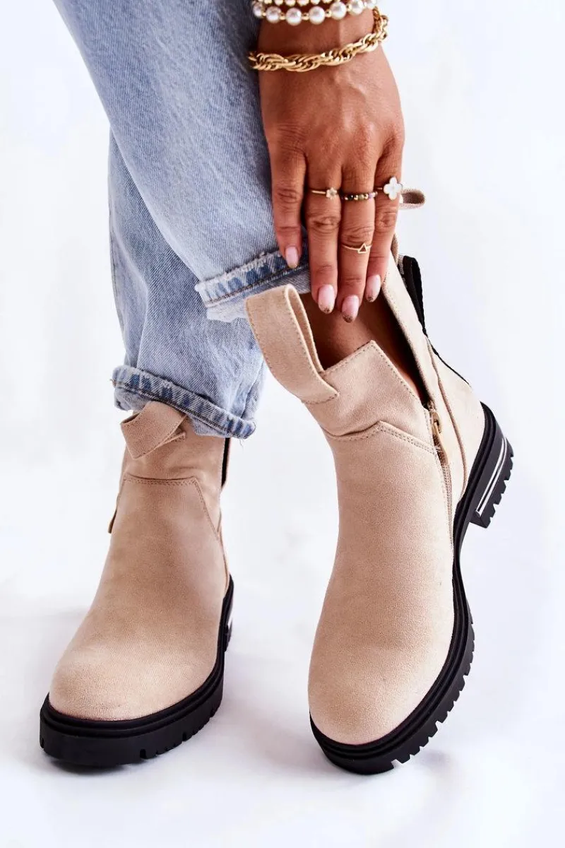Outlet Zamszowe Botki Z Wycięciami Beżowe Elvera Damskie Botki Zimowe Damskie|Brązowe I Beżowe Botki