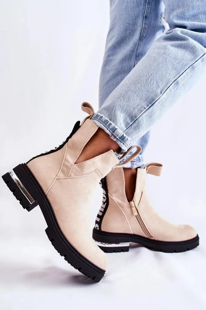 Outlet Zamszowe Botki Z Wycięciami Beżowe Elvera Damskie Botki Zimowe Damskie|Brązowe I Beżowe Botki