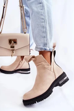 Outlet Zamszowe Botki Z Wycięciami Beżowe Elvera Damskie Botki Zimowe Damskie|Brązowe I Beżowe Botki