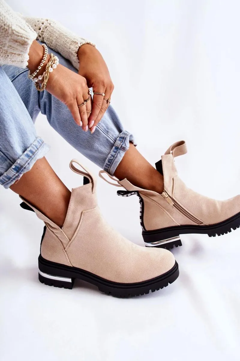 Outlet Zamszowe Botki Z Wycięciami Beżowe Elvera Damskie Botki Zimowe Damskie|Brązowe I Beżowe Botki