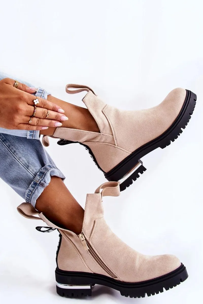 Outlet Zamszowe Botki Z Wycięciami Beżowe Elvera Damskie Botki Zimowe Damskie|Brązowe I Beżowe Botki