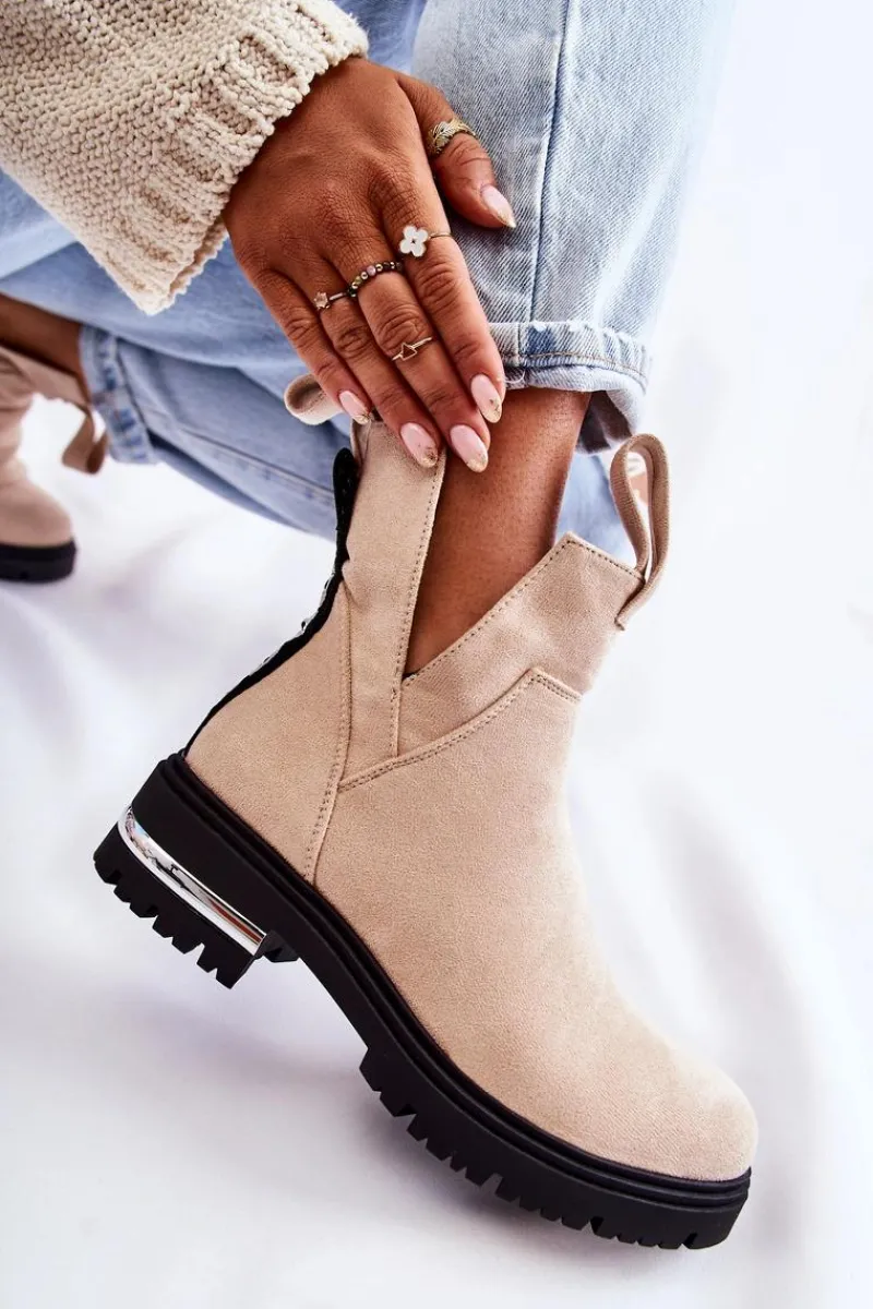 Outlet Zamszowe Botki Z Wycięciami Beżowe Elvera Damskie Botki Zimowe Damskie|Brązowe I Beżowe Botki